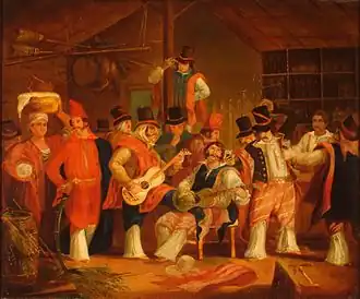 Carlos Morel (es) (Argentine), Payada en una pulpería (Payada (es) dans une pulpería (es), n. d., Musée national des Beaux-Arts).