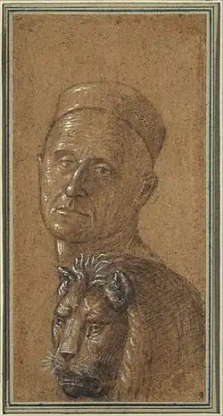 Tête d'homme et tête de lion, entre 1495-1516, 23,2&nbsp;×&nbsp;12,1&nbsp;cm, pinceau et lavis brun et pierre noire, avec rehauts de gouache blanche sur papier vergé brun de lumière, Musée d'art de l'université de Princeton.