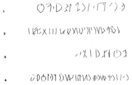 Dessin de l'inscription réalisé par l'archéologue et historien István Erdélyi (de) en 1984. Les bords de l'étui de l'aiguille en os sont usés, et les bords supérieur et inférieur d'une partie des caractères ne sont pas clairement visibles,.
