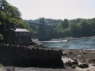 Vue de l'îlot avec le pont suspendu de Menai en arrière-plan, en 2009.