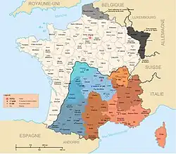 Carte de France avec les limites des régions militaires dans le Sud-Est non occupé.