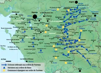 Parcours des colonnes infernales entre le 17 et le 31 janvier 1794.
