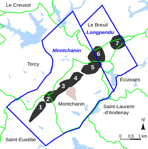 Carte localisant les travaux miniers, les limites communales et les concessions.