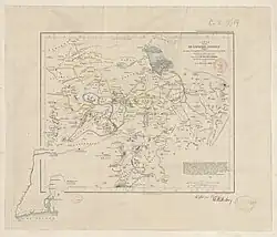 carte en français de l'Afrique centrale autour du lac Tchad, avec des territoires limités par des lignes de couleur, sur fond orange clair