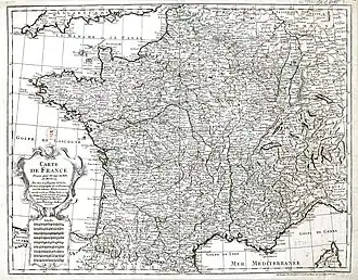 Carte de France dressée pour l'usage du Roy en 1721 par Guillaume Delisle et augmentée par Philippe Buache en 1764.