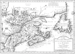 Illustration d'une carte du 18e siècle qui montre la position du Québec, de l'est du Canada et des États-Unis.