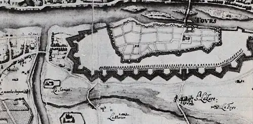 Carte et plan représentant la ville de Tours au début du XVIe siècle, en 1619. Extrait de document conservé aux archives départementales d'Indre-et-Loire.