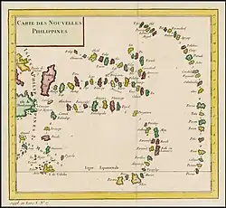 Carte en couleur figurant de nombreuses îles de la région de Micronésie.