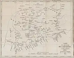 Carte des royaumes de la Côte de l'Or, avant l'accession au pouvoir de Badu Bonsu II.