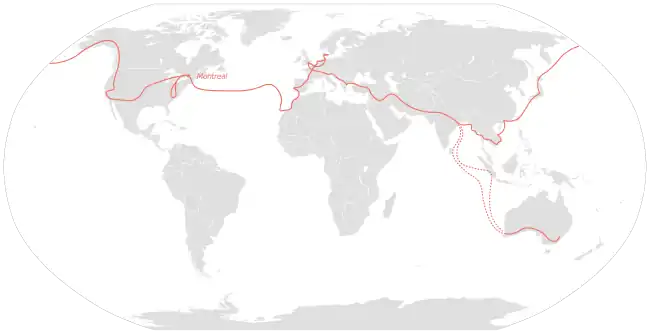 Carte mondial montrant le parcours, en rouge, du voyage.