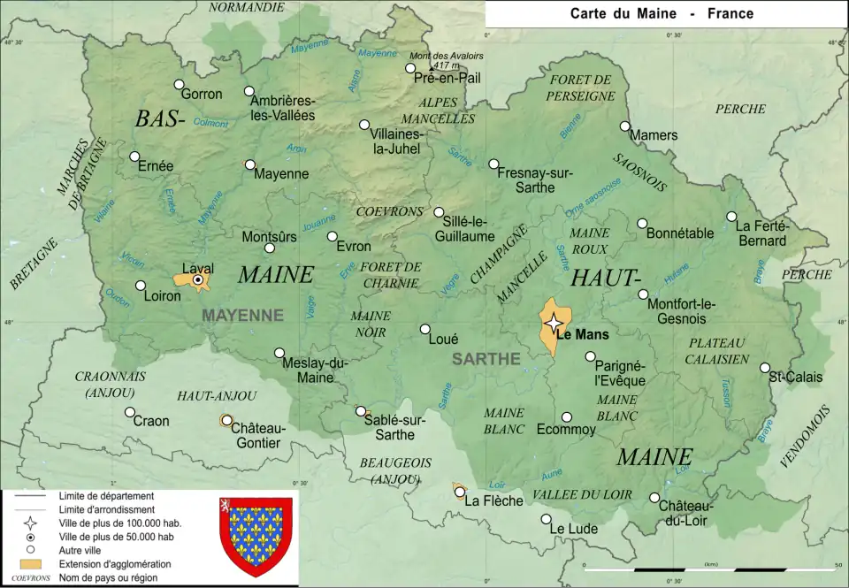 Carte représentant le Maine superposé aux départements modernes.