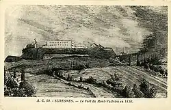 Gravure en noir et blanc figurant un fort surplombant un mont. À gauche est représenté un télégraphe.