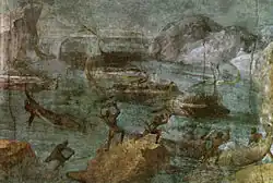 Scène de l'Odyssée dans un paysage marin. Maison de la via Graziosa, Ier&nbsp;siècle&nbsp;av. J.-C.. Musées du Vatican.