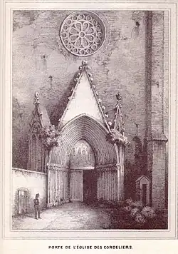 La façade occidentale et le portail, par J.-M. Cayla (1842, Toulouse monumentale et pittoresque).