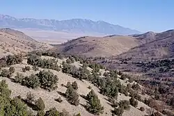 Vue sud-est à l'ouest des Stansburys (au-dessus du centre de la Skull Valley), depuis la Cedar Mountain Wilderness, dans les Cedar Mountains