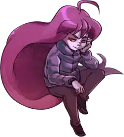Une fille aux cheveux violets et aux yeux rouges observe le spectateur, le visage posée sur sa main.