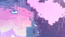 Un niveau dans les nuages, à prédominante rose ; Madeline s'élance depuis un mur.
