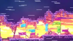 Un niveau à prédominante orange, le fort vent est symbolisé par des traits blancs et des fanions verts levés.
