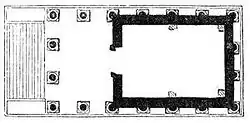Plan en noir et blanc d'un édifice antique.