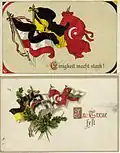 Cartes postales de propagande de la Première Guerre mondiale affichant les drapeaux des puissances centrales. Le drapeau de l'Autriche-Hongrie arbore les bandes noire et jaune.