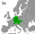 Carte où apparaissent Tchéquie, Slovaquie, Autriche, Allemagne, Slovénie, Suisse, Liechtenstein (en vert).