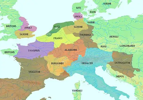 Répartition des peuples barbares en Europe de l'Ouest au Ve&nbsp;siècle.