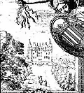 Le château de Kergournadech, en arrière-plan du portrait de Sébastien de Rosmadec, in La Science héroïque de Marc de Vulson de La Colombière.
