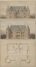 Façades nord et sud, plans au sol, dessins aquarellés signés Viollet-le-Duc, 1862.