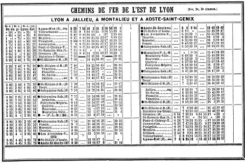 Horaires en 1914. Le service comprend désormais des services partiels jusqu'à Crémieu.