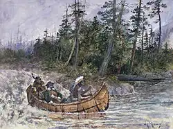 Représentation de Champlain dans un canot avec deux Autochtones, descendant des rapides.