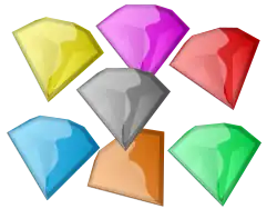 Sept émeraudes colorées, sur fond blanc