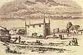 Dessin de la chapelle avec quelques maisons et habitants du village.