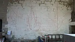 Chapelle Saint-Colomban : vue intérieure, graffitis de la seconde moitié du XVIe&nbsp;siècle représentant des caraques