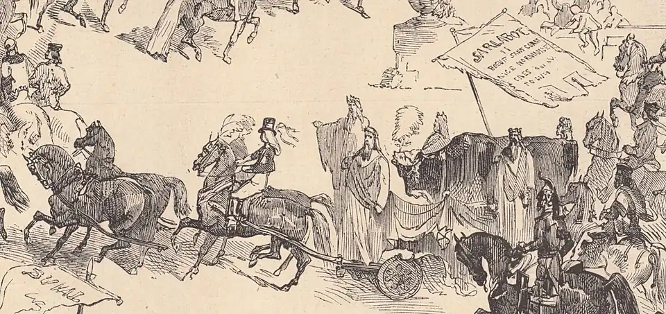 Le deuxième Bœuf Gras Sarlabot sur son char de Carnaval au défilé des Bœufs Gras 1858 à Paris.