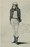 Dessin représentant Charette debout avec un uniforme vert à revers noirs ou rouges, un mouchoir de tête et un bras en écharpe.
