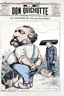 Caricature montrant au premier plan un homme barbu devant un panier de vendangeur rempli de raisins, et au second plan un homme vêtu d'une soutane devant un panier vide.