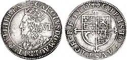 L'avers de la pièce montre Charles Ier de profil avec une couronne et le revers porte les armoiries britanniques