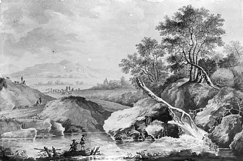 Paysage champêtre avec personnages, avant 1830 (aquarelle ; 19&nbsp;×&nbsp;28,9&nbsp;cm ; photographie de 1981 du KIK-IRPA), Liège, musée de la Vie wallonne.