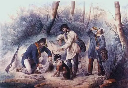 Chasse au furet, lithographie de Victor Adam.