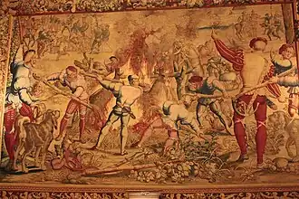 Photographie en couleurs d'une tapisserie ancienne.