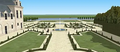 Restitution de la vue sur les parterres de la maison du Tillet, jardins bas du château de Saint-Cloud, vers 1685.