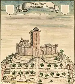 Illustration en noir et blanc d'un château-fort.
