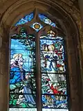 Verrière no&nbsp;1 - Remise du rosaire et Litanies de Lorette ; seul le tympan est ancien.