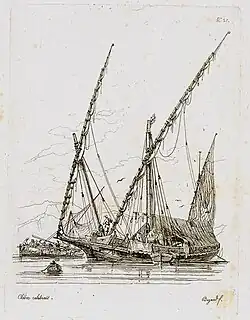 Un chébec calabrais de commerce en 1832. Alors que l’usage militaire du chébec s’estompe au XIXe siècle, son usage commercial se maintient beaucoup plus longtemps.