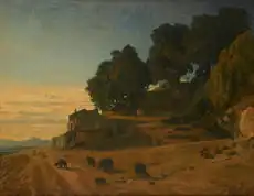 Un paysage de montagne avec ferme surplombée d'arbres et harde de sangliers.