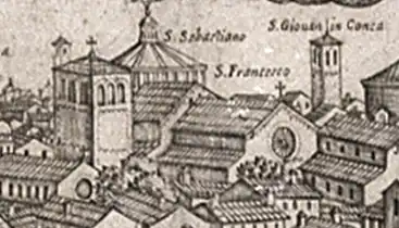 Gravure du XVIe&nbsp;siècle montrant une église en milieu urbain