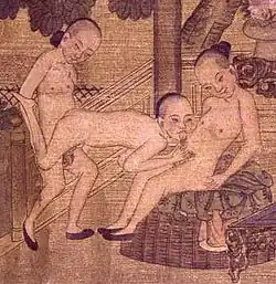 Rouleau de papier chinois aquarellé (fin XIXe&nbsp;siècle) montrant un jeune homme pratiquant la sexualité orale sur un autre garçon.