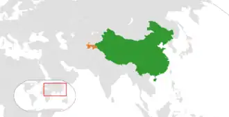 En vert, la république populaire de Chine, en orange le Tadjikistan