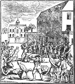Un dessin en noir et blanc de l'exécution de prisonniers chinois lors du massacre de Batavia. On peut voir des têtes décapitées sur le sol, et un soldat hollandais en train de décapiter un autre prisonnier. La rangée de gardes armés surveille avec vigilance le groupe, y compris les prisonniers dans la file d'attente pour l'exécution.