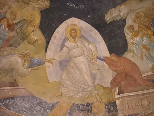 Icône orthodoxe montrant un Christ aux Enfers relevant Adam et Ève.